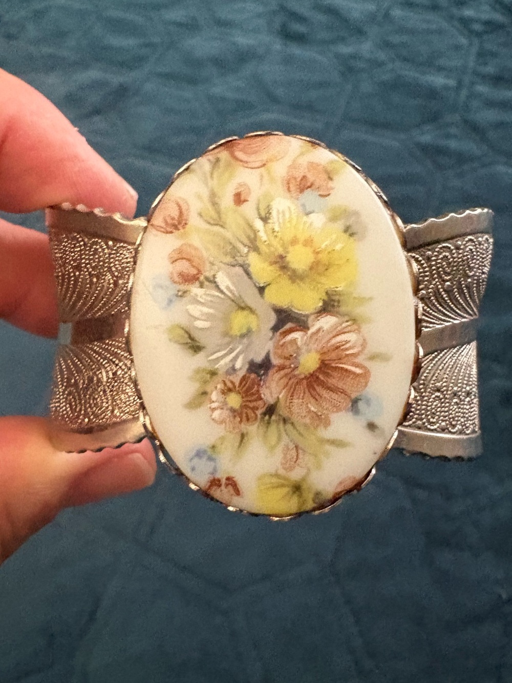 Vintage West Germany Floral Porcelain Cabochon Silver-Tone Cuff Bracelet
